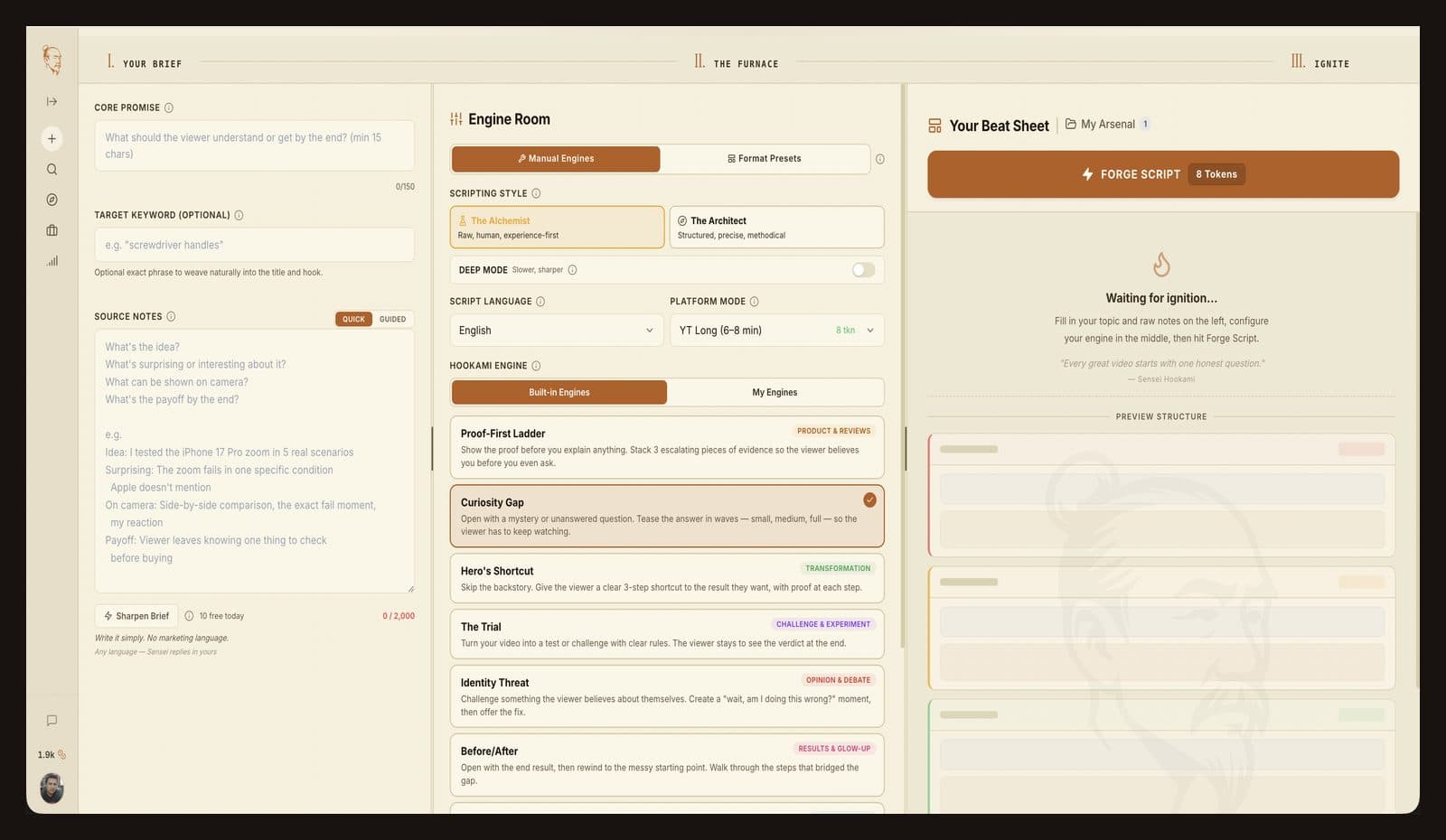 Hookami Forge interface turning an idea into a production plan
