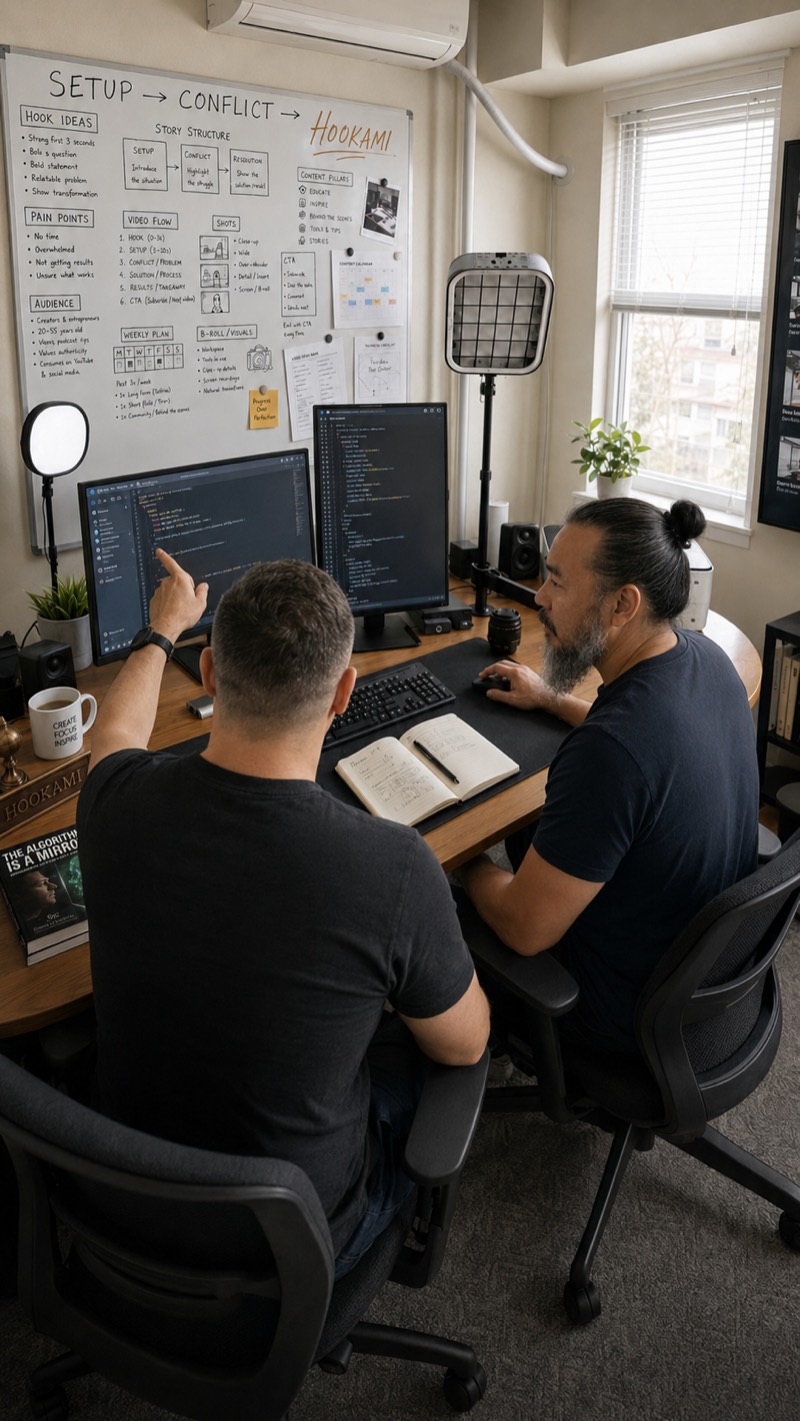 The Hookami studio — story structure on the whiteboard