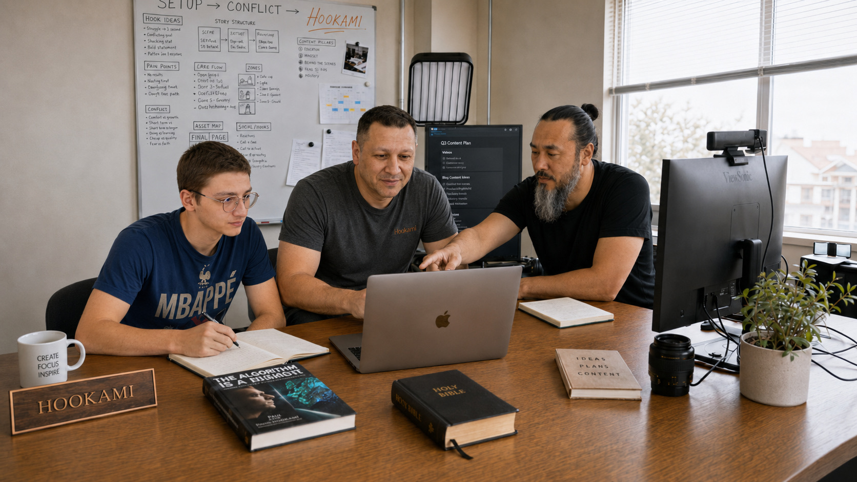 Marius Stoicescu, Luca, and Sensei — the Hookami team working together in the Bucharest studio
