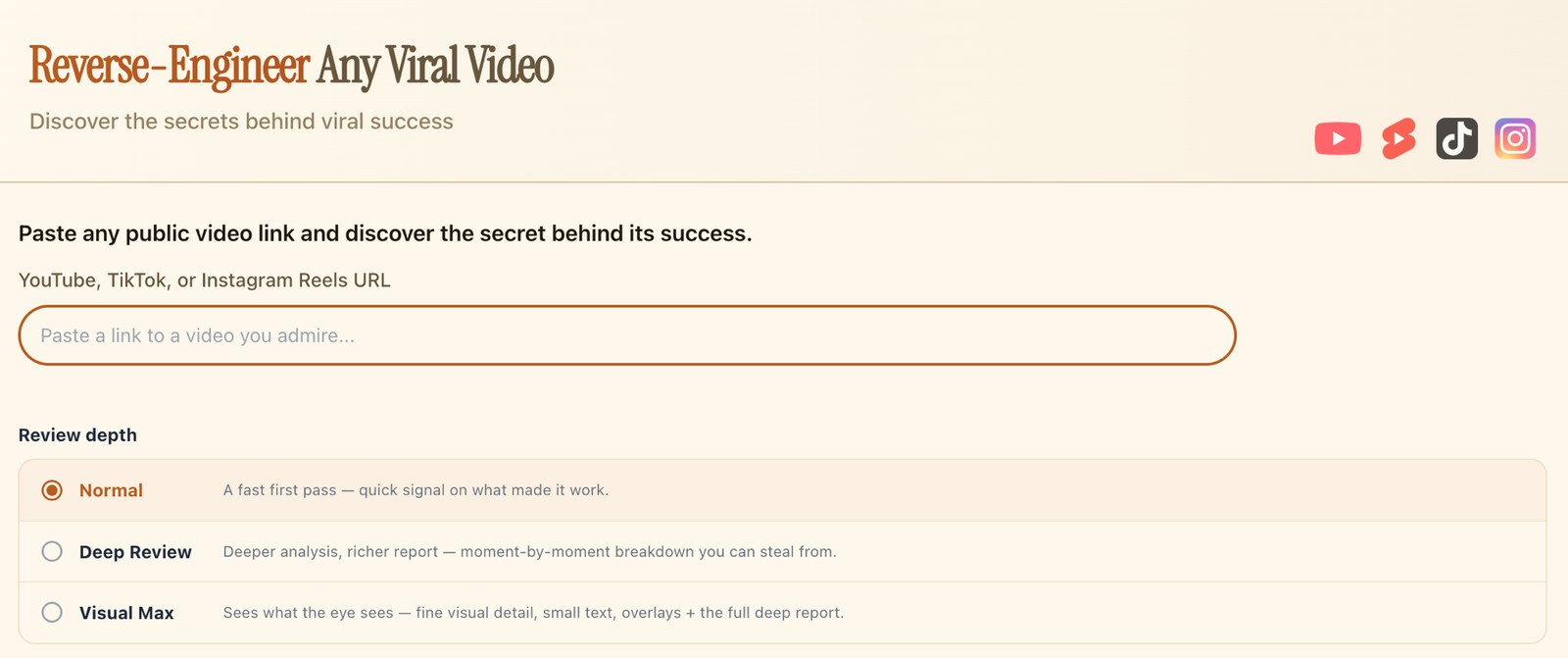 Blueprint — paste any public YouTube, TikTok or Instagram URL and pick a review depth: Normal, Deep Review or Visual Max