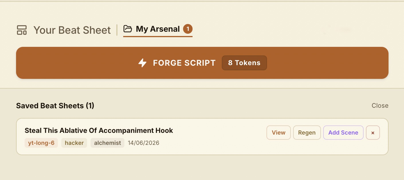 Forge Arsenal — saved beat sheets with view, regenerate and add-scene actions, a personal library of formats worth reusing