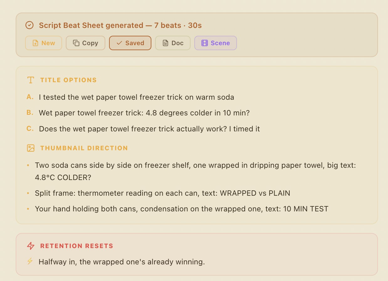 Forge beat sheet — a generated script with title options, thumbnail direction and retention resets, timed beat by beat