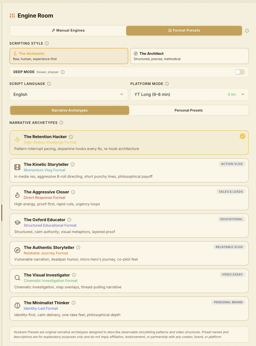 Forge format presets — original narrative archetypes such as a high-stakes challenge format, a structured educational format and a cinematic investigation format, each with its own pacing and payoff logic