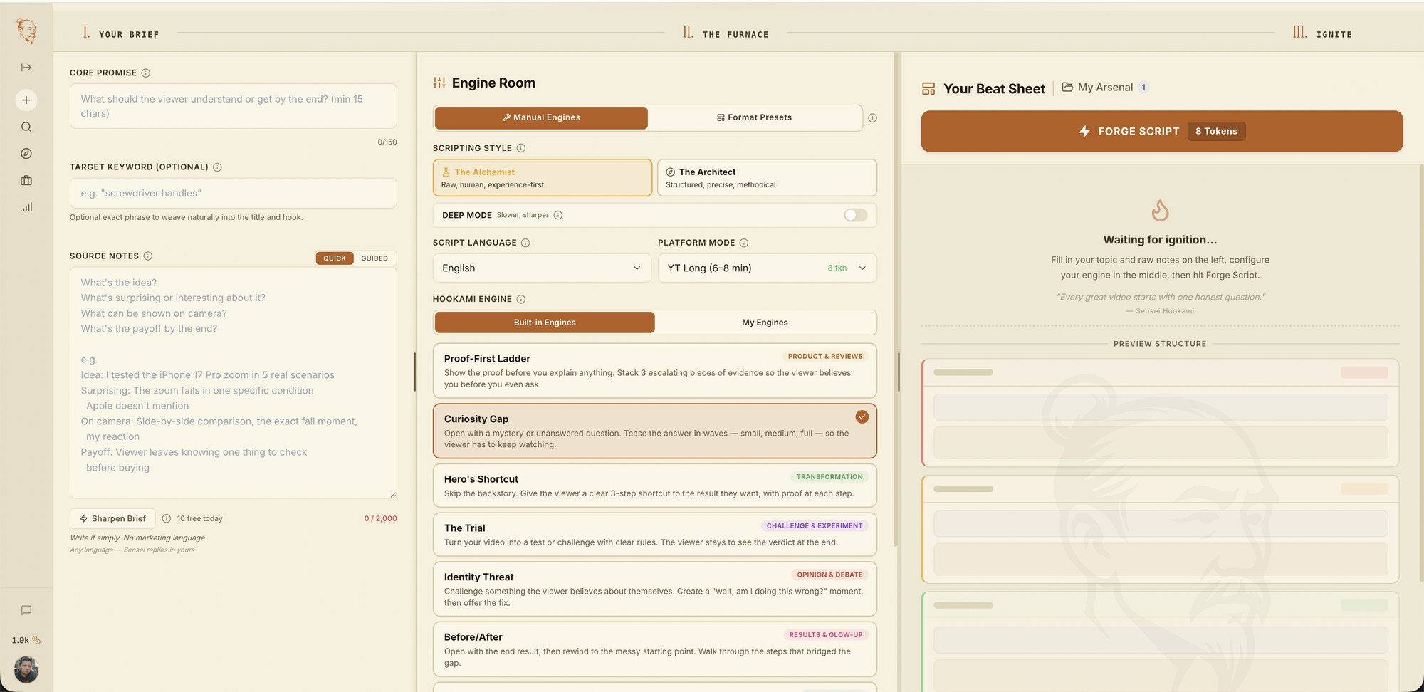 Forge — Your Brief, The Furnace and Your Beat Sheet side by side: write the promise, choose the story shape, and forge a shootable script