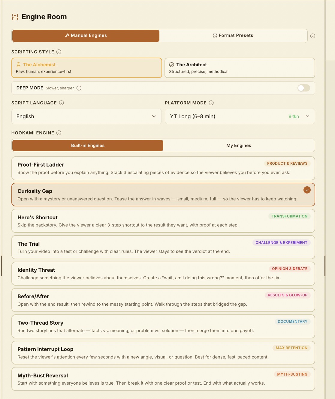 Forge manual engines — Proof-First Ladder, Curiosity Gap, Hero's Shortcut, The Trial, Identity Threat, Before/After and more, each a different narrative structure
