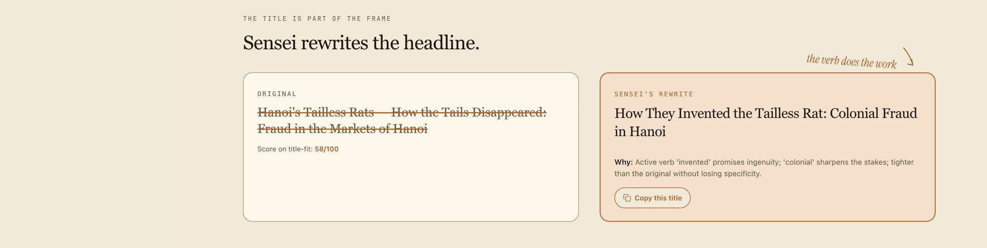 Frame Studio title rewrite — the original headline scored on title-fit beside Sensei's sharper rewrite, with the reason it works