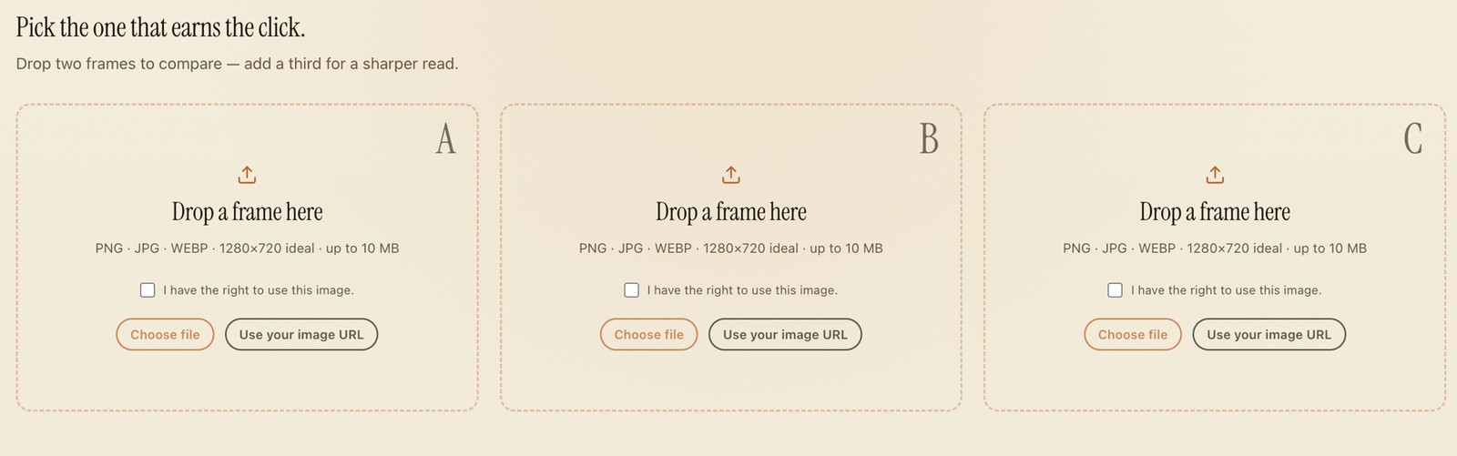 Frame Studio compare — drop two or three thumbnail frames (A, B, C) to put them head-to-head and pick the one that earns the click