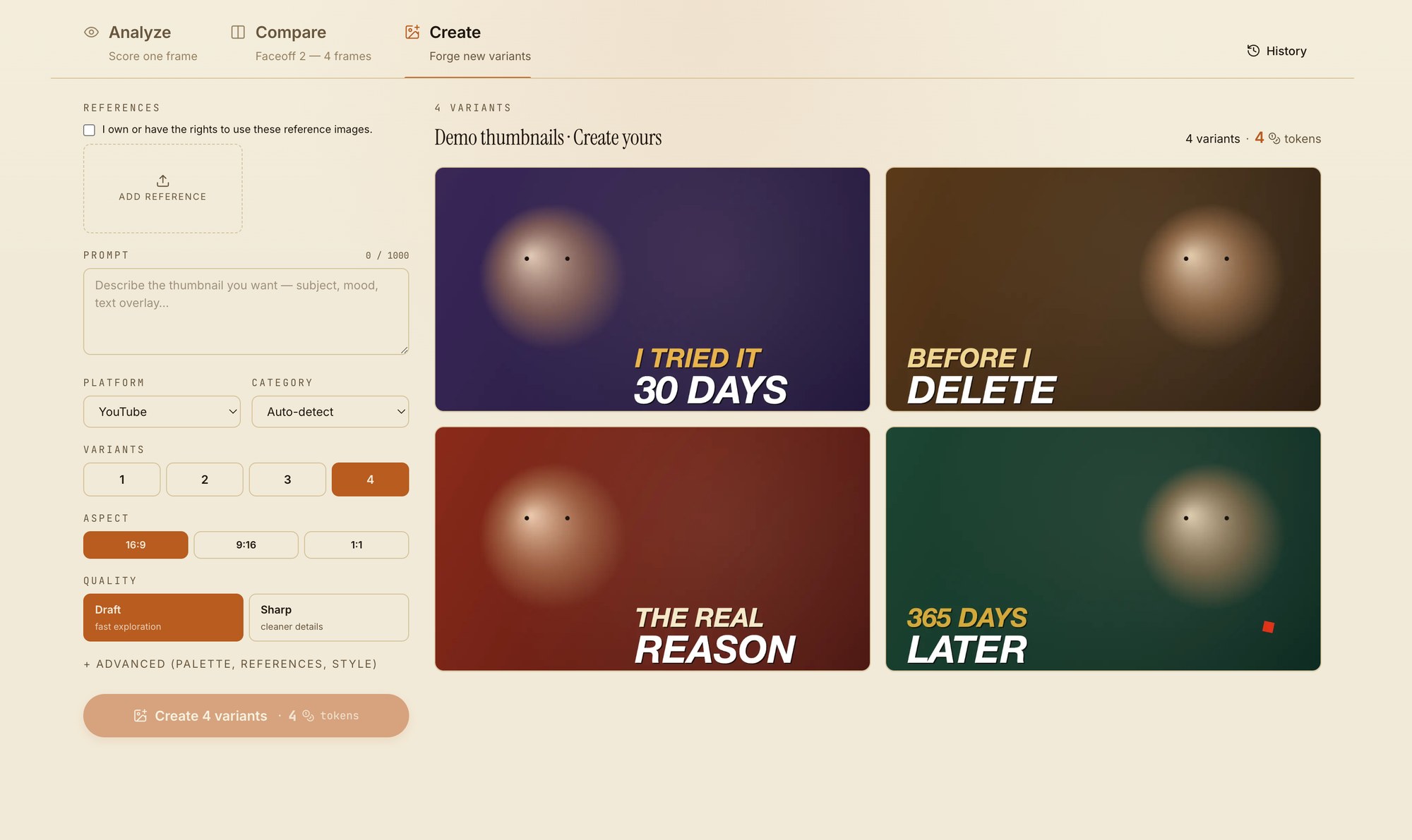 Frame Studio create — reference, prompt, platform, aspect and quality controls beside four generated thumbnail directions
