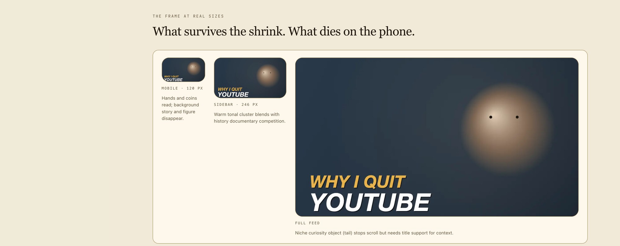 Frame Studio shrink preview — the same thumbnail at mobile, sidebar and full-feed sizes, showing which details survive and which disappear