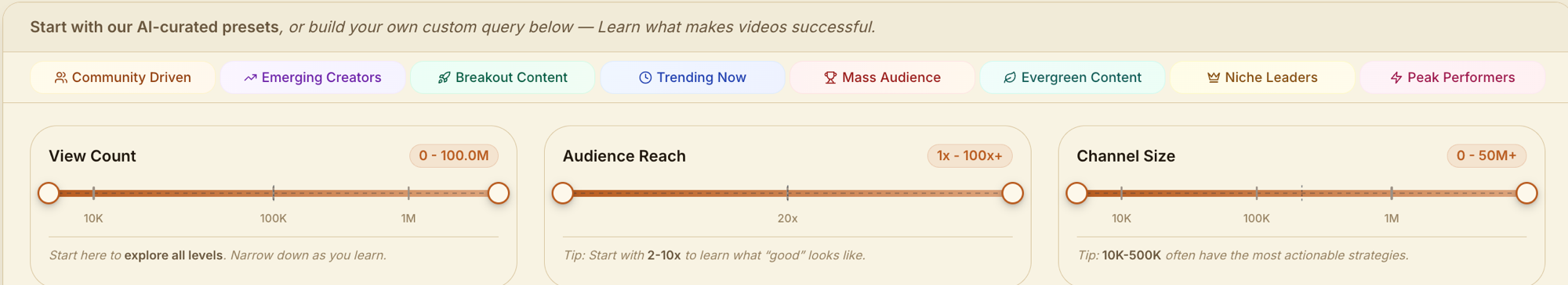 Outlier strategic presets — Community Driven, Emerging Creators, Breakout Content, Trending Now, Mass Audience, Evergreen Content, Niche Leaders, Peak Performers — with custom view, reach and channel-size controls