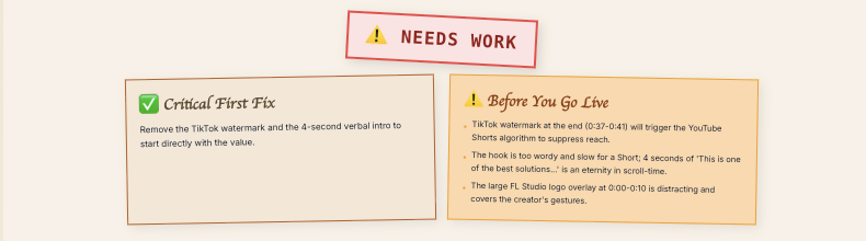Pre-Publish fix list — critical first fix and timestamped notes ranked by priority, before the video goes live
