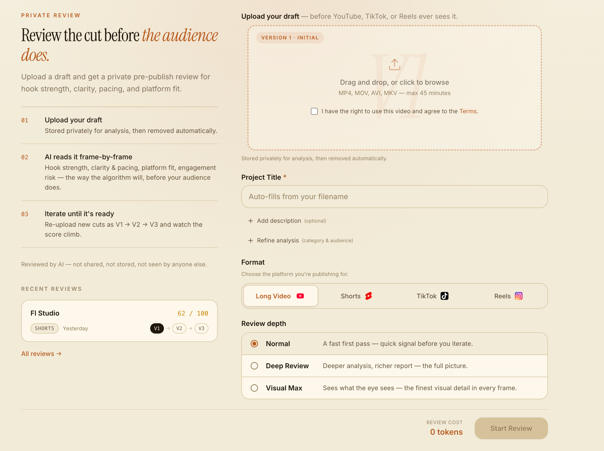 Pre-Publish — upload a draft, pick the platform and review depth, and get a private pre-flight review before publishing