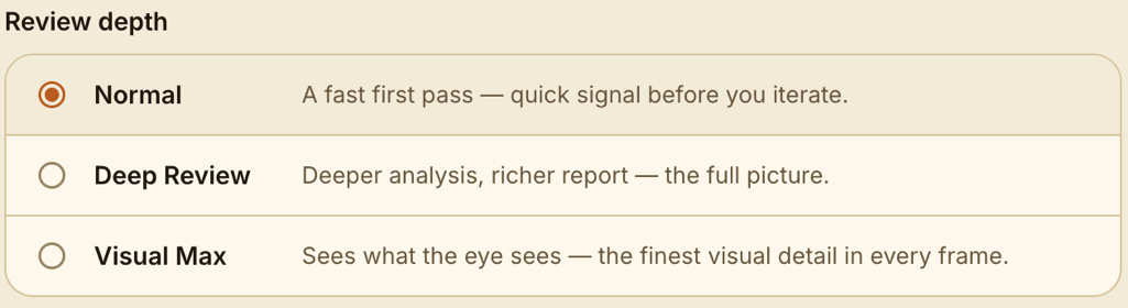 Pre-Publish review depths — Normal for a fast first pass, Deep Review for the full picture, Visual Max for the finest visual detail