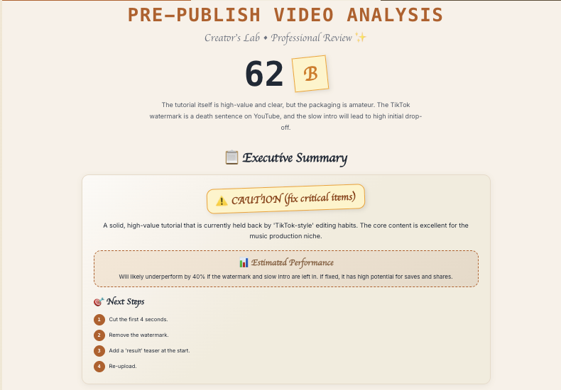Pre-Publish review — score 62 with an honest verdict, executive summary, estimated performance and next steps